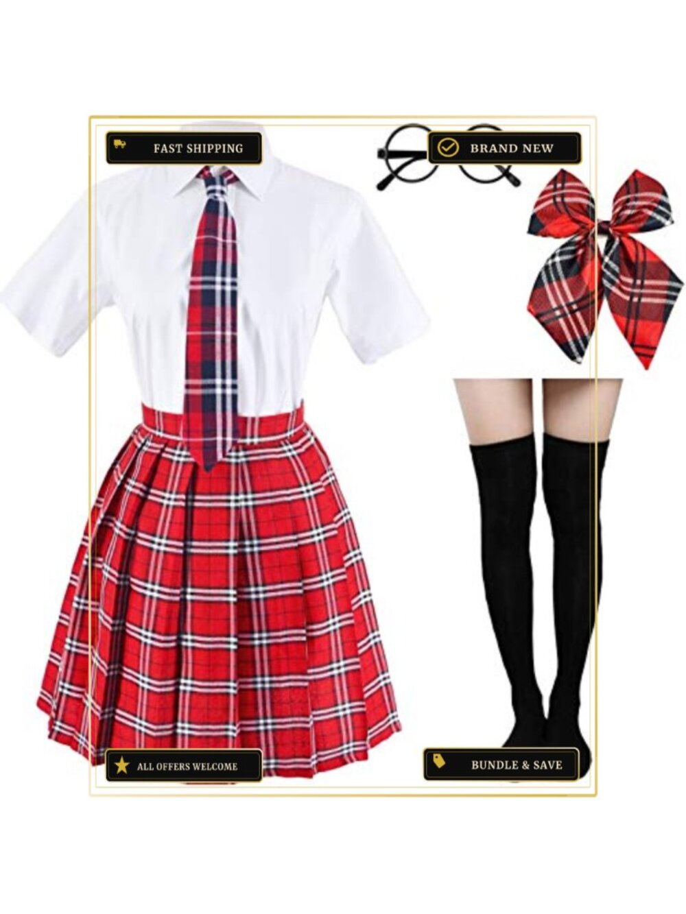 Pleated School Uniform Cosplay Costume Set Shirt Skirt Tie Socks Glasses